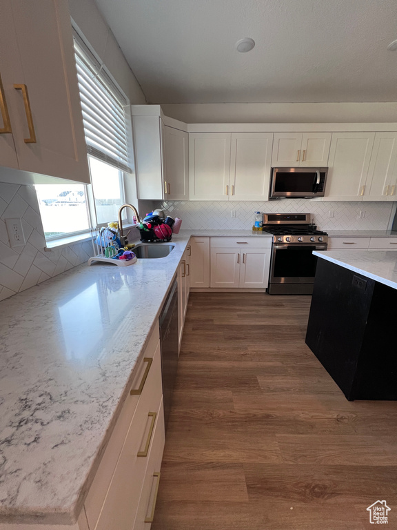 Kitchen with dark hardwood / wood-style flooring, appliances with stainless steel finishes, tasteful backsplash, and sink