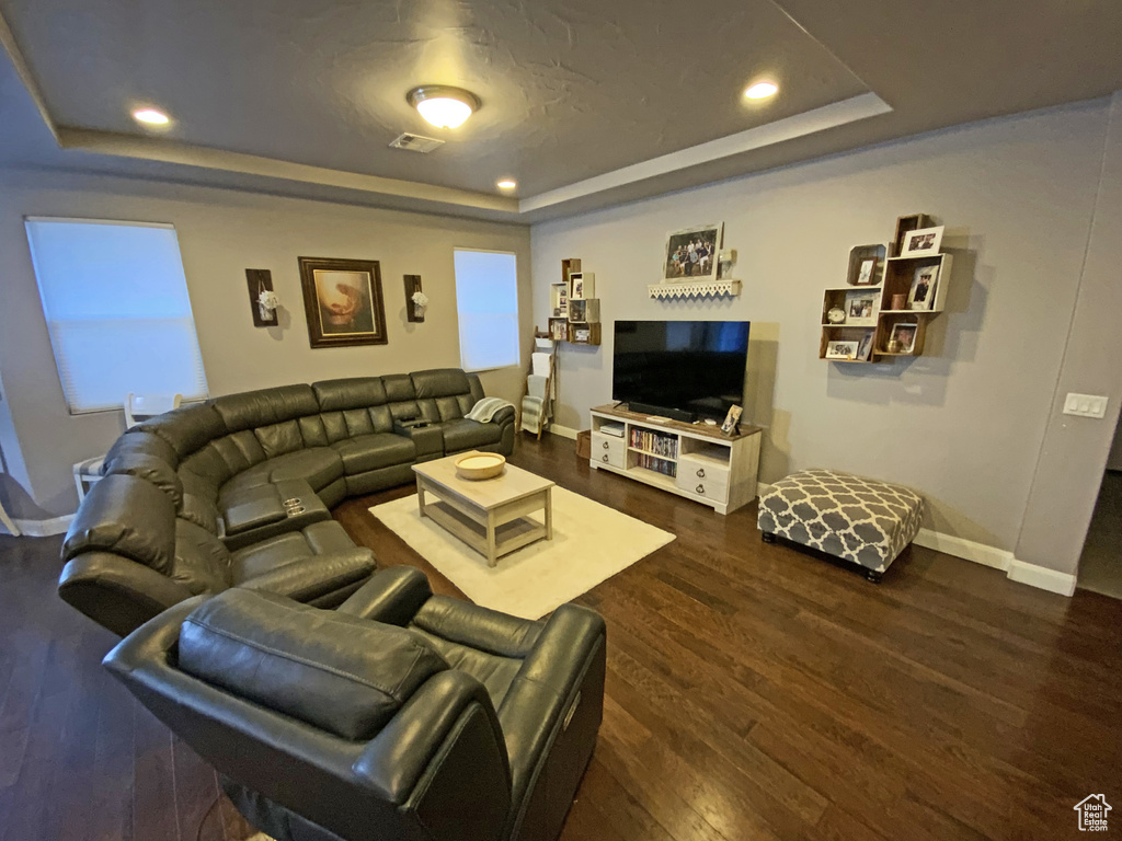 Living room with a raised ceiling and dark hardwood / wood-style floors