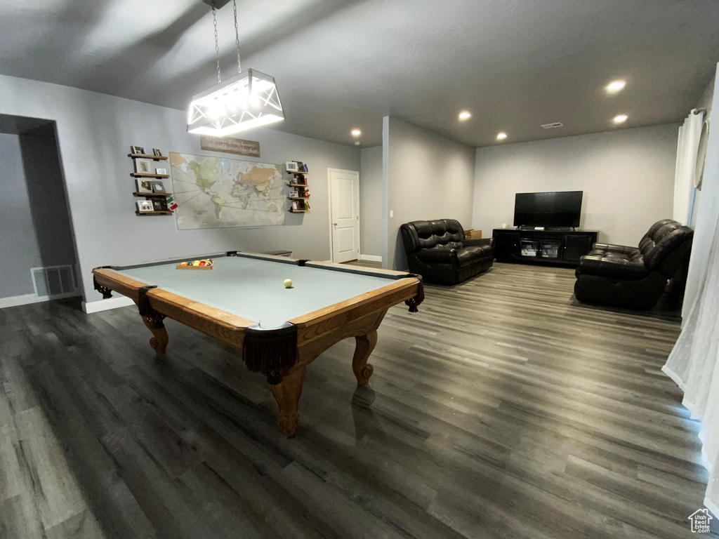 Recreation room featuring pool table and dark wood-type flooring