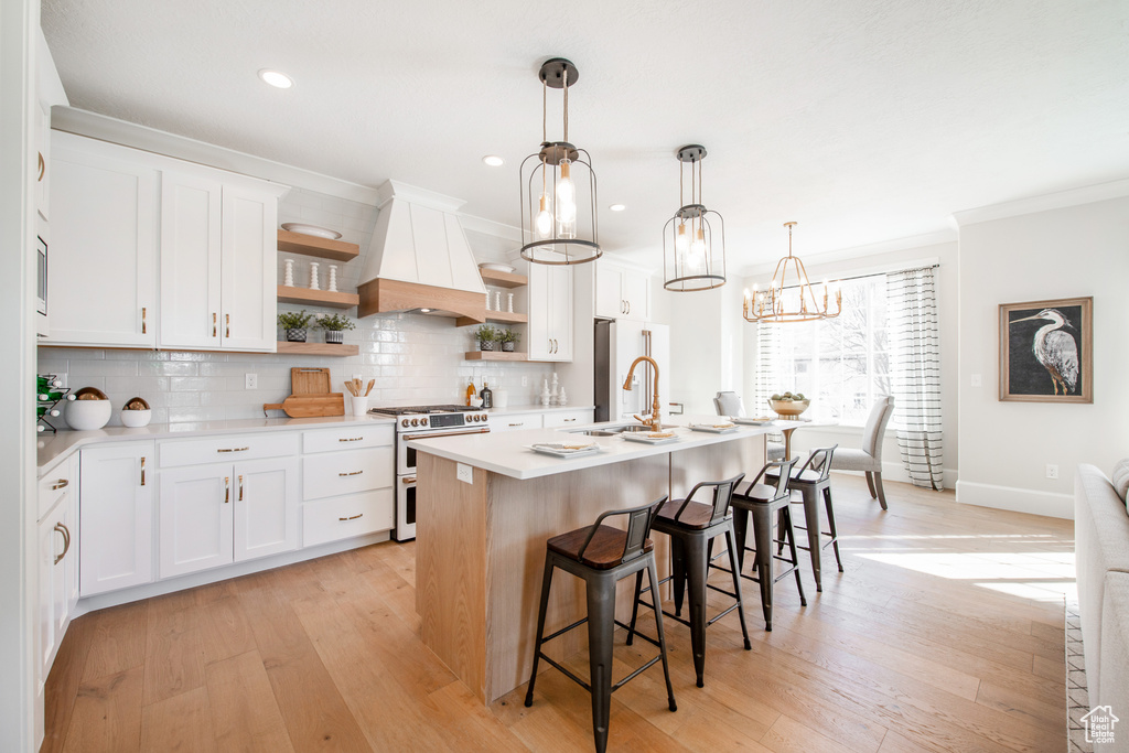 Kitchen with backsplash, light hardwood / wood-style floors, high end appliances, custom exhaust hood, and white cabinets