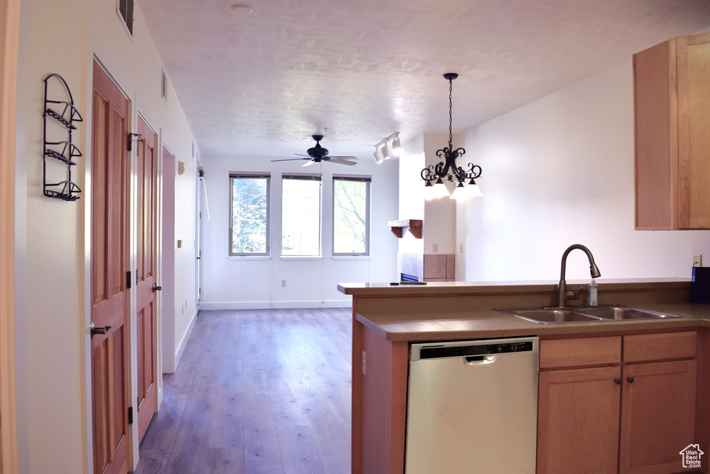 Kitchen featuring sink, dishwasher, ceiling fan with notable chandelier, hanging light fixtures, and dark hardwood / wood-style floors
