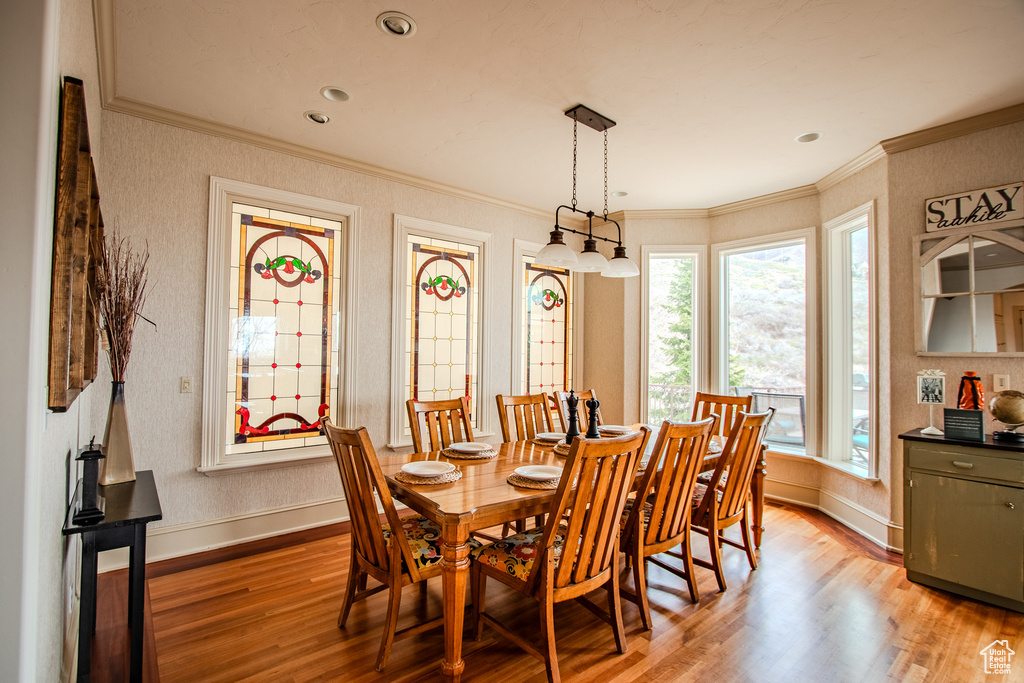 Dining area with crown molding and light wood-type flooring