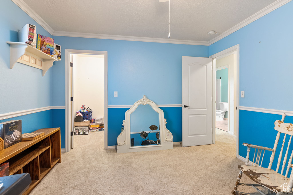 Game room featuring light carpet and ornamental molding