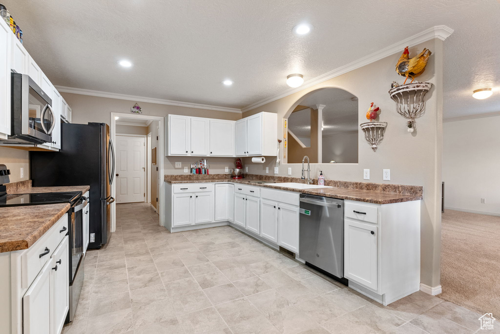 Kitchen featuring light colored carpet, stainless steel appliances, crown molding, white cabinets, and sink