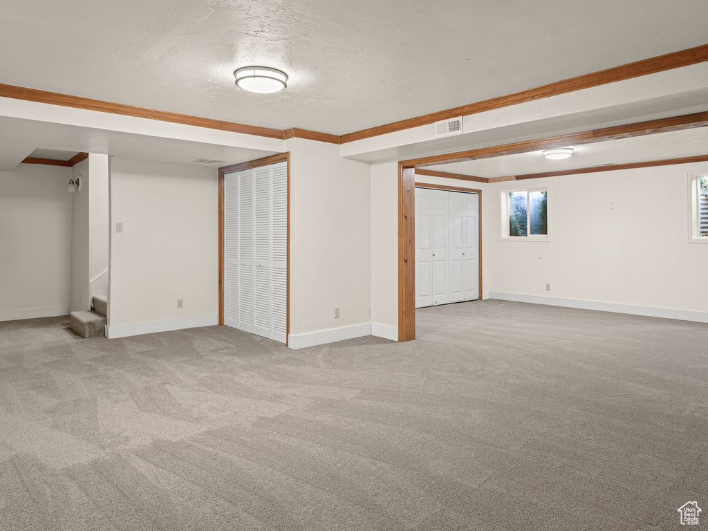 Basement featuring light colored carpet and ornamental molding