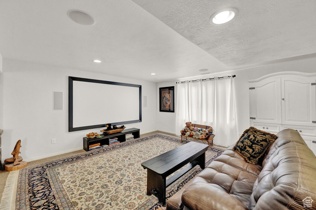 Carpeted home theater room featuring a textured ceiling