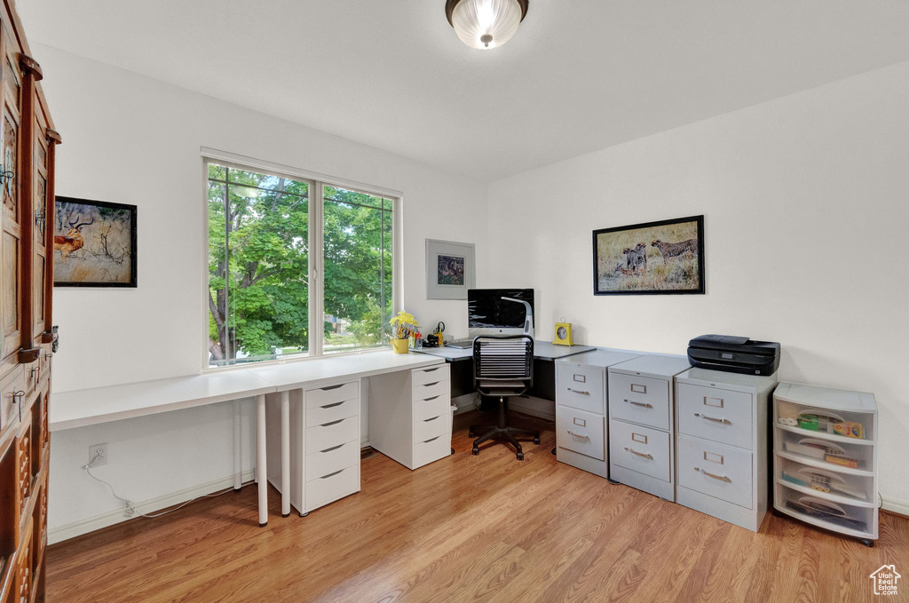 Office space featuring light hardwood / wood-style flooring and built in desk
