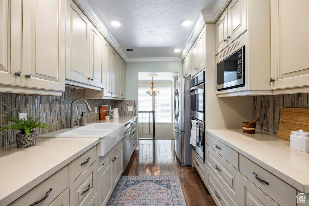 Kitchen featuring backsplash, dark hardwood / wood-style flooring, crown molding, stainless steel appliances, and pendant lighting