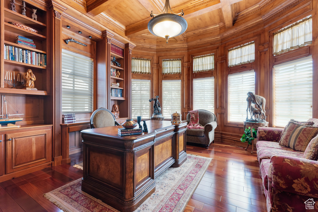 Office space with wood ceiling, coffered ceiling, and dark hardwood / wood-style flooring