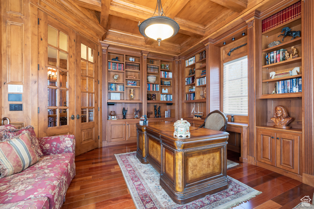 Home office with coffered ceiling, dark wood-type flooring, beam ceiling, built in features, and wooden ceiling