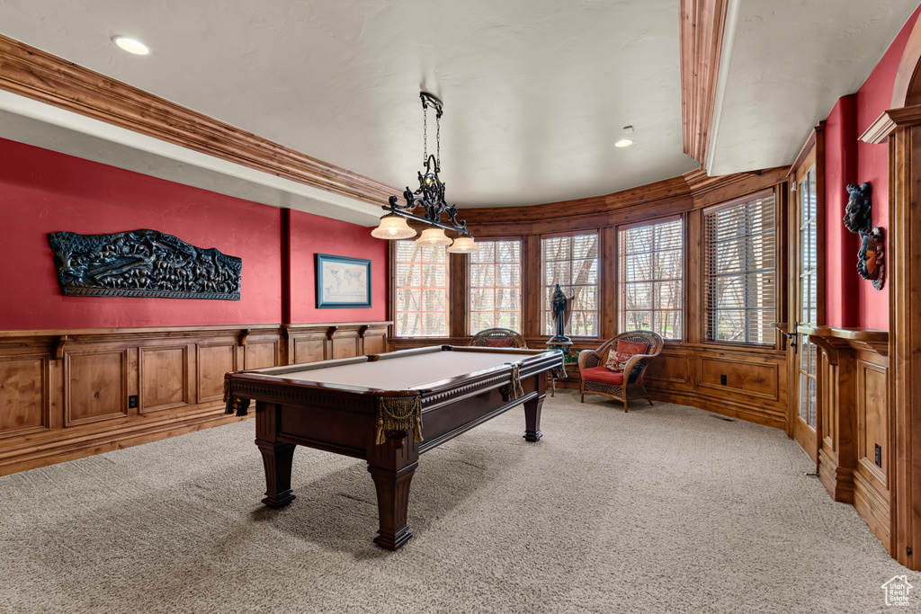 Game room featuring light carpet and billiards