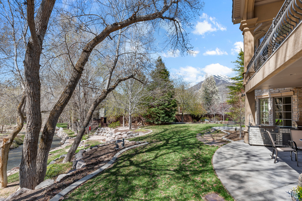 View of yard with a mountain view and a patio