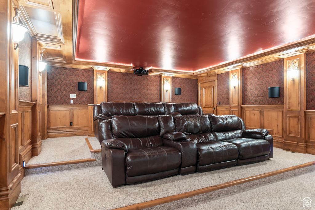 Cinema room with wooden walls, light colored carpet, and a raised ceiling