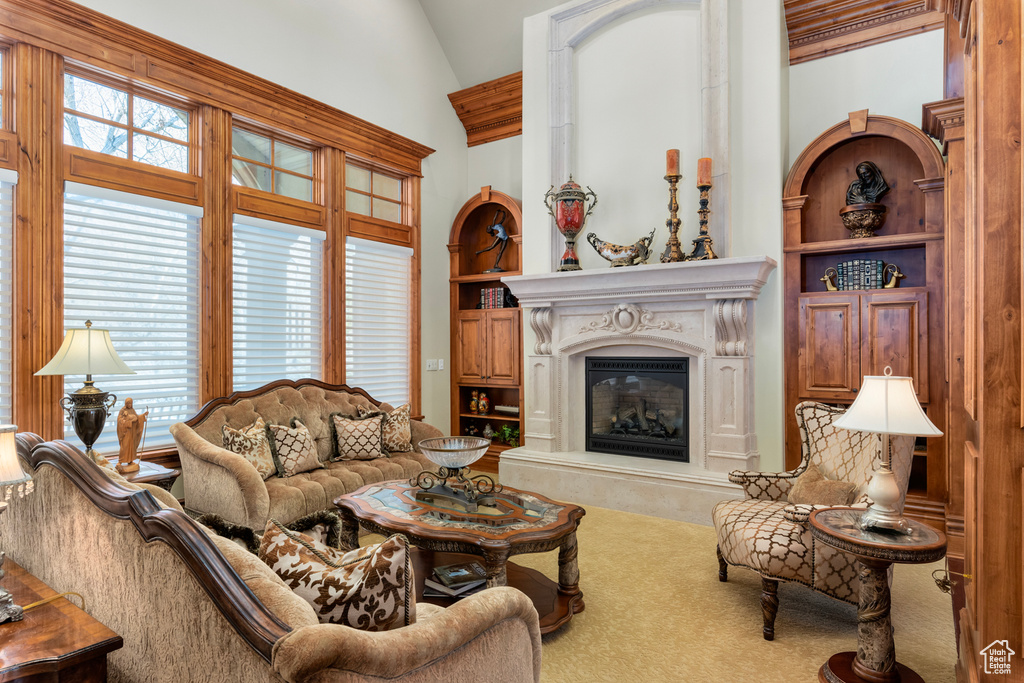 Carpeted living room with lofted ceiling and built in shelves