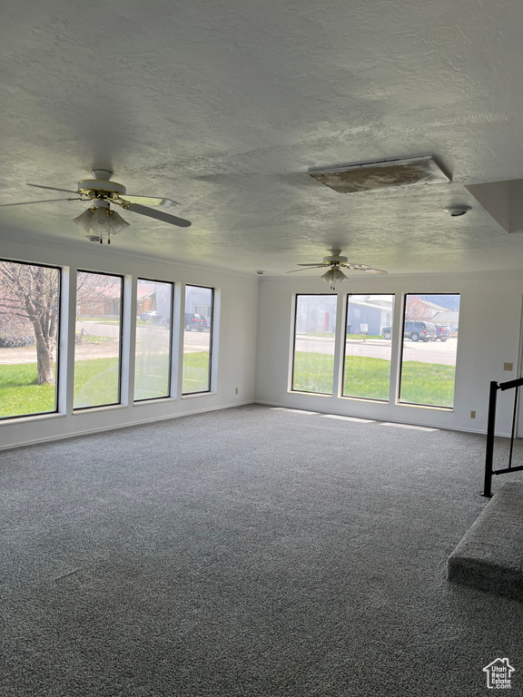 Unfurnished room featuring a textured ceiling, ceiling fan, and carpet flooring
