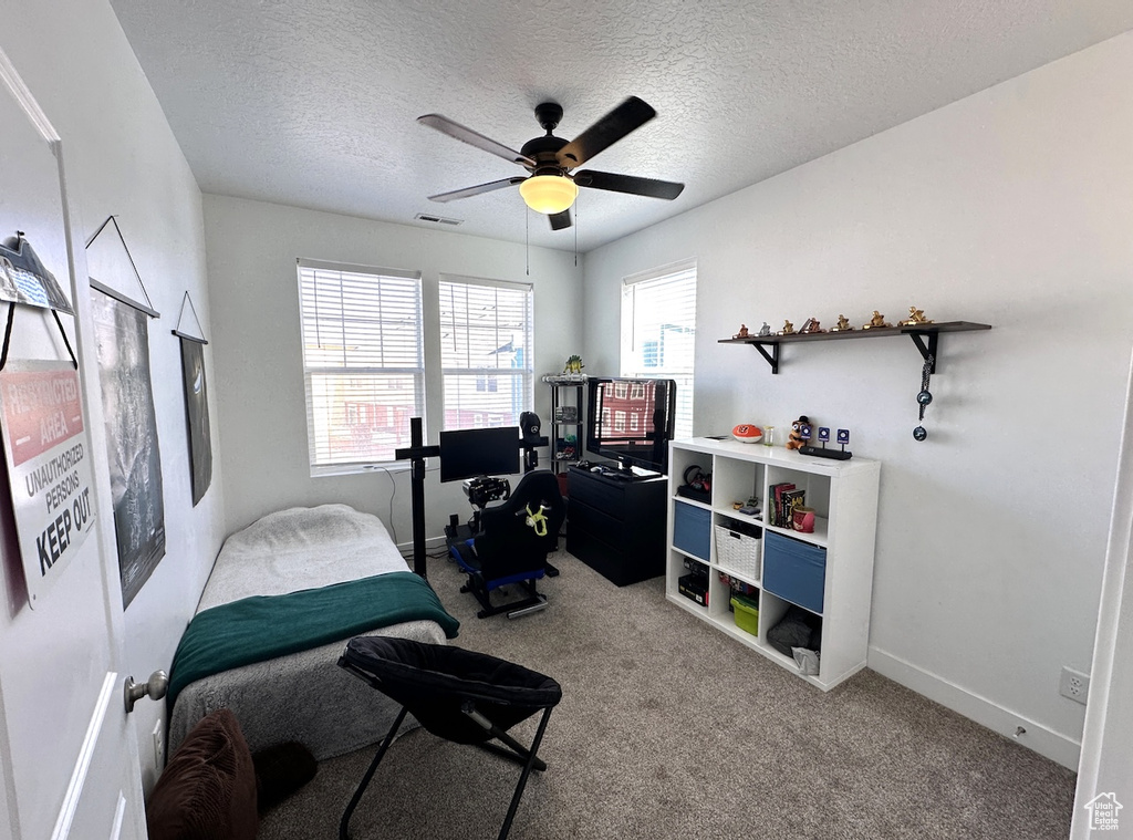 Bedroom featuring light colored carpet, a textured ceiling, ceiling fan, and multiple windows
