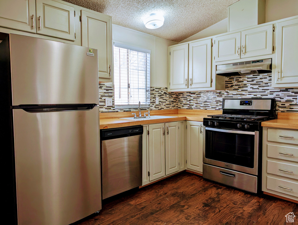 Kitchen featuring sink, backsplash, lofted ceiling, stainless steel appliances, and dark hardwood / wood-style floors