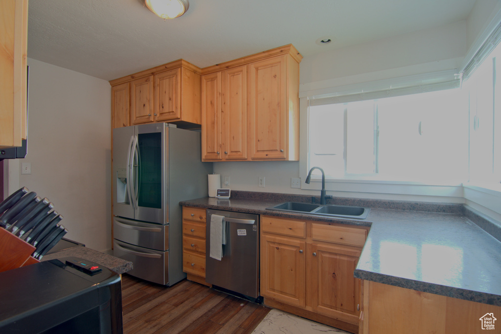 Kitchen with dark wood-type flooring, stainless steel appliances, and sink