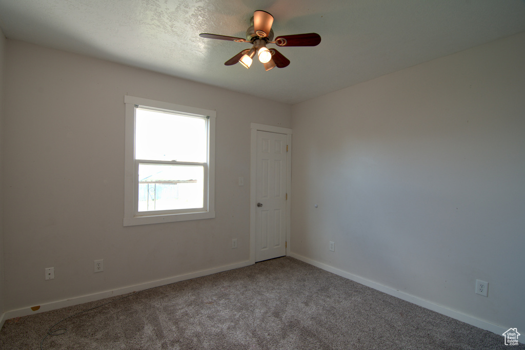 Spare room with ceiling fan and carpet flooring