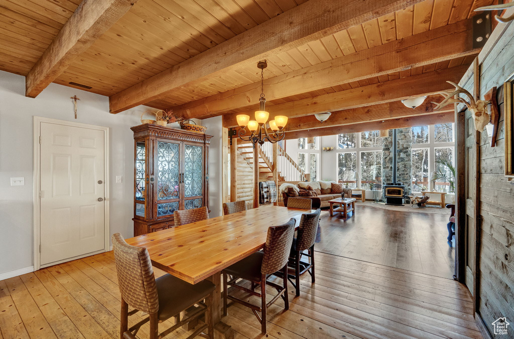 Dining area with beamed ceiling, a notable chandelier, light wood-type flooring, wood ceiling, and a wood stove
