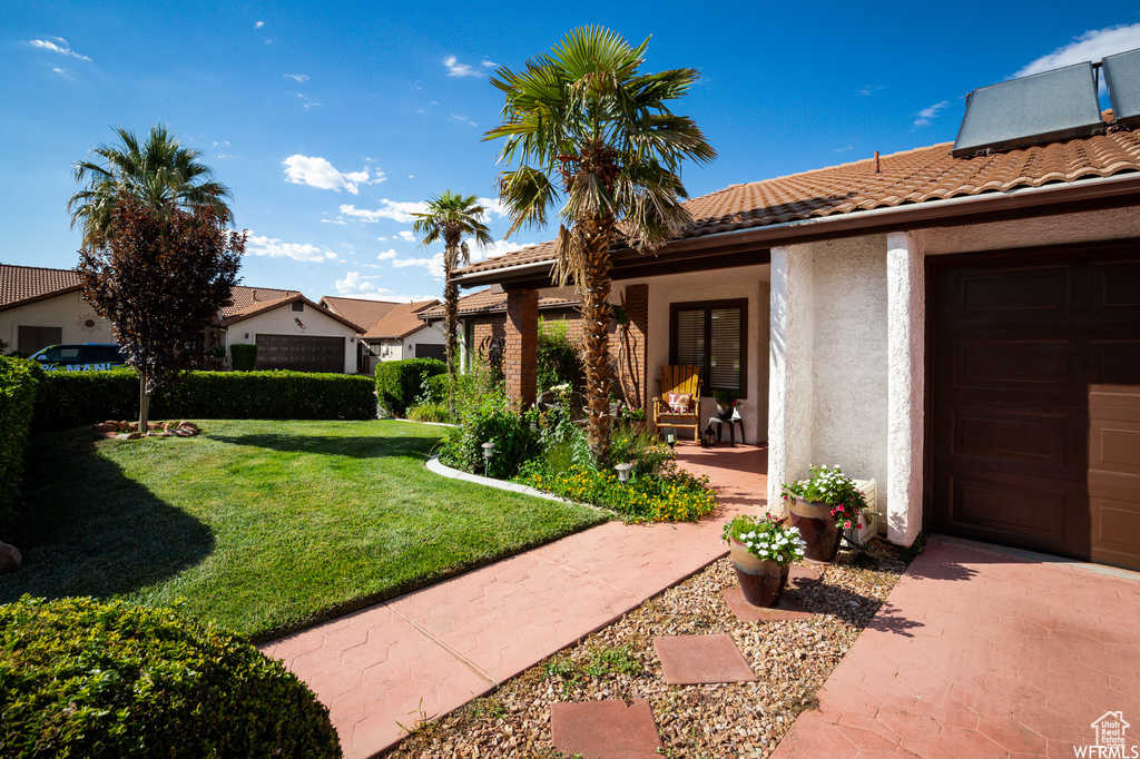 Exterior space featuring a garage