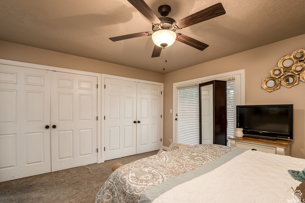 Carpeted bedroom with ceiling fan and multiple closets