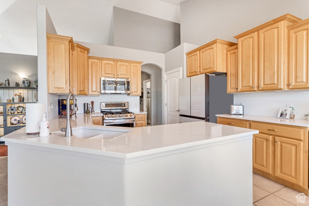 Kitchen featuring light brown cabinetry, kitchen peninsula, appliances with stainless steel finishes, and sink