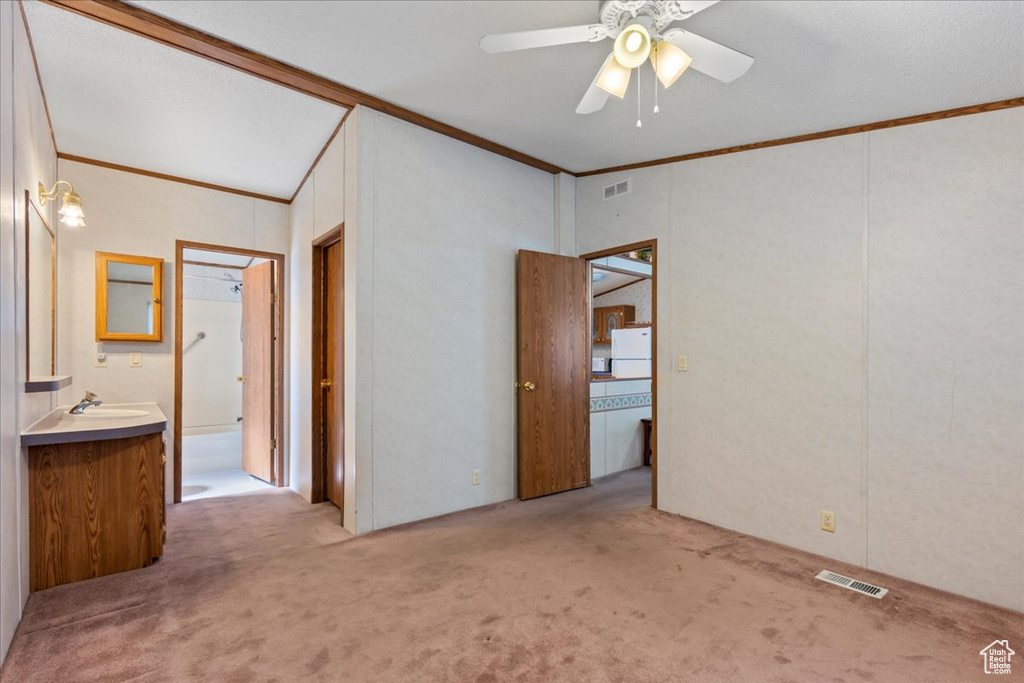 Carpeted spare room with ornamental molding, sink, and ceiling fan