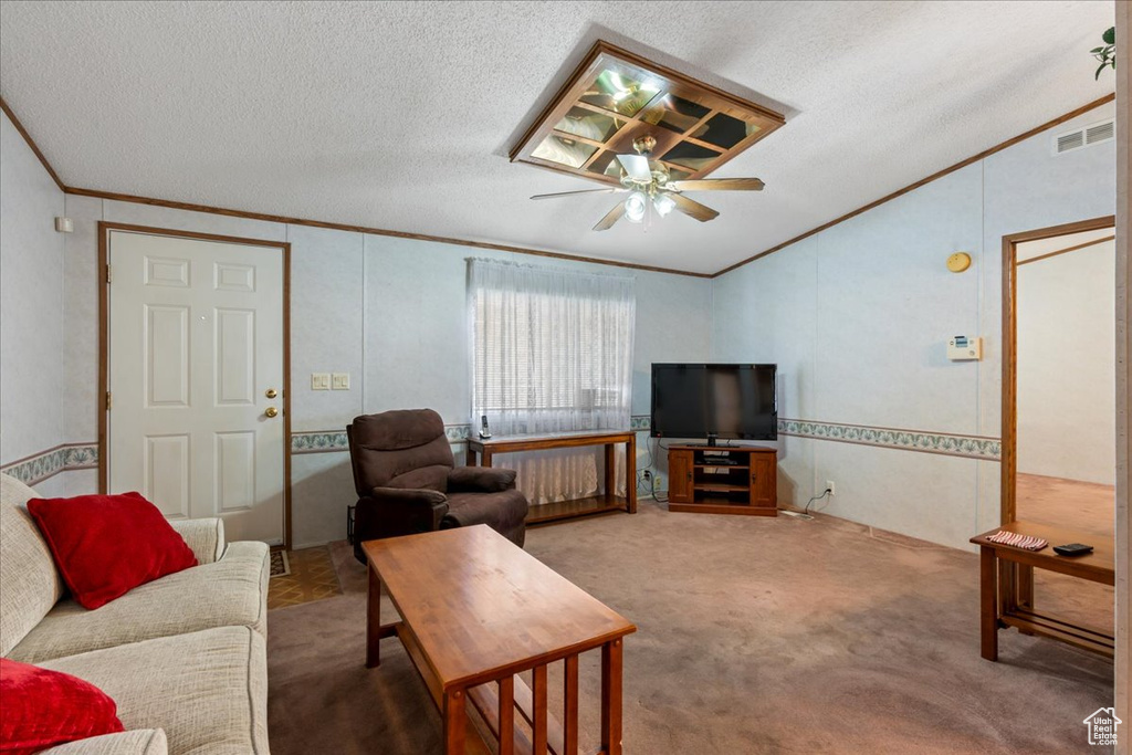 Living room with ceiling fan, carpet flooring, crown molding, and a textured ceiling