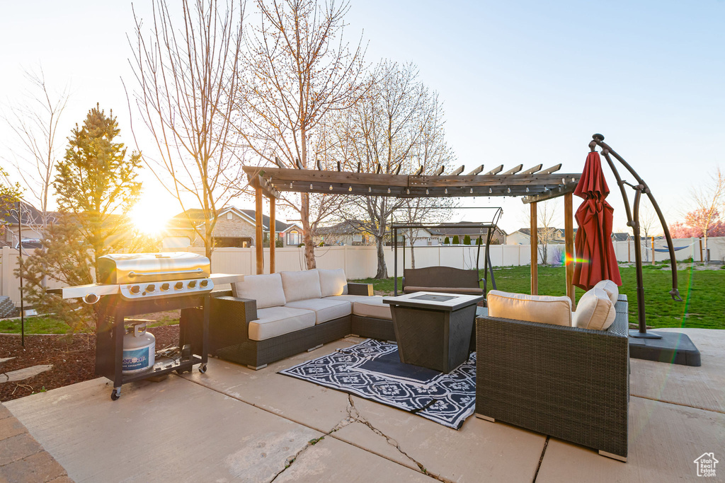 View of patio / terrace with a pergola and an outdoor hangout area