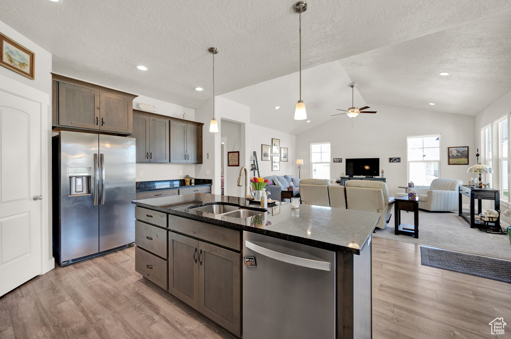Kitchen featuring appliances with stainless steel finishes, ceiling fan, light hardwood / wood-style floors, lofted ceiling, and sink