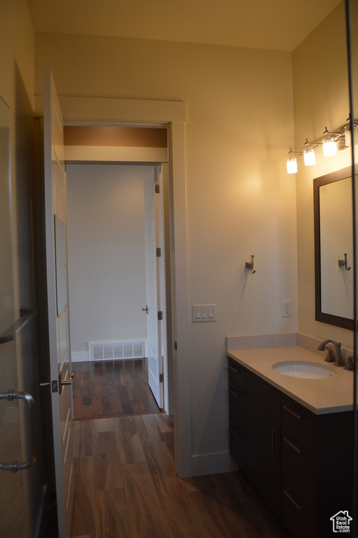 Bathroom with wood-type flooring and vanity