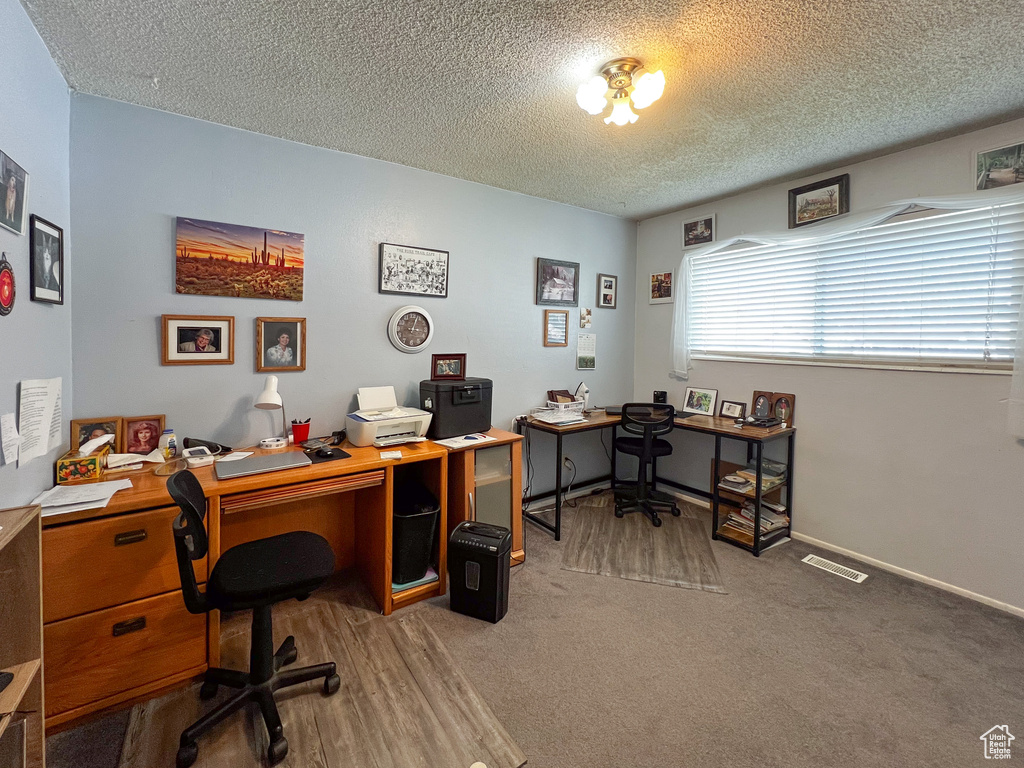 Office space featuring a textured ceiling and dark colored carpet