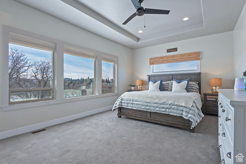 Bedroom featuring ceiling fan, a raised ceiling, multiple windows, and dark colored carpet