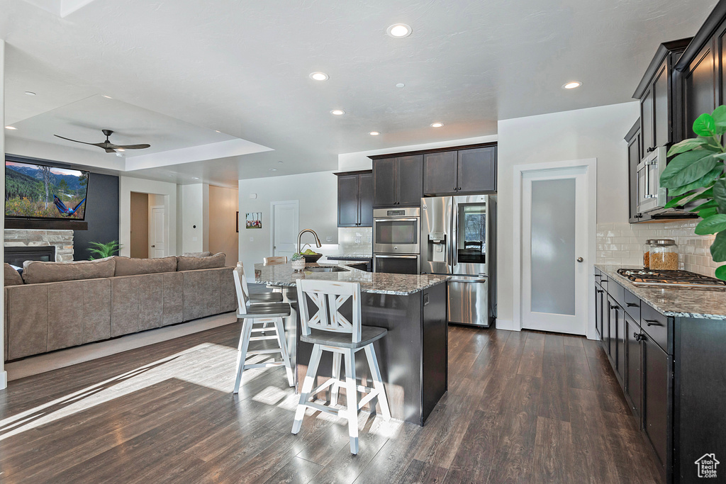 Kitchen with ceiling fan, stainless steel appliances, dark hardwood / wood-style floors, an island with sink, and a raised ceiling