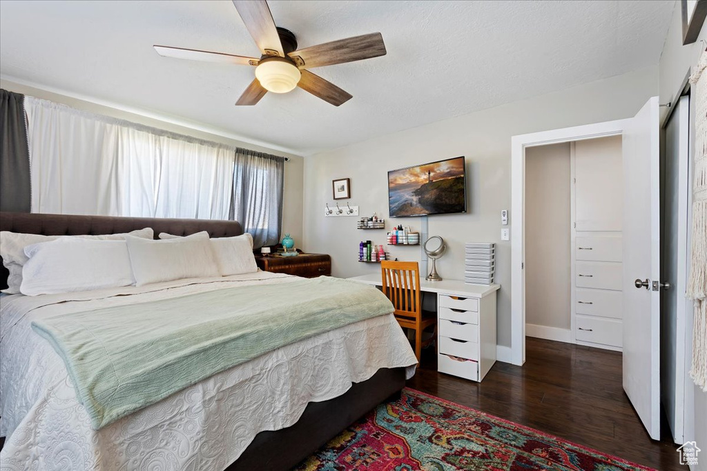Bedroom featuring ceiling fan and dark hardwood / wood-style floors