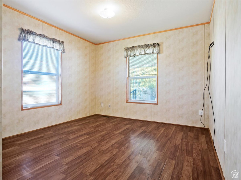 Empty room featuring ornamental molding, plenty of natural light, and dark wood-type flooring