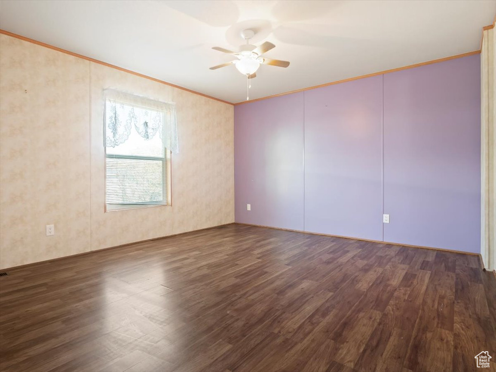 Unfurnished room featuring dark hardwood / wood-style floors, ceiling fan, and crown molding