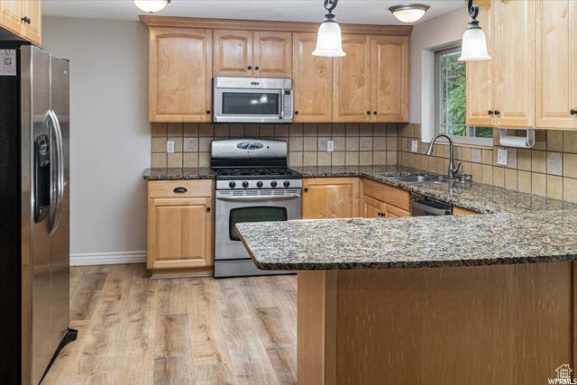 Kitchen with tasteful backsplash, appliances with stainless steel finishes, hanging light fixtures, and light wood-type flooring