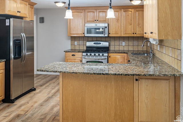 Kitchen with sink, light hardwood / wood-style floors, tasteful backsplash, decorative light fixtures, and stainless steel appliances