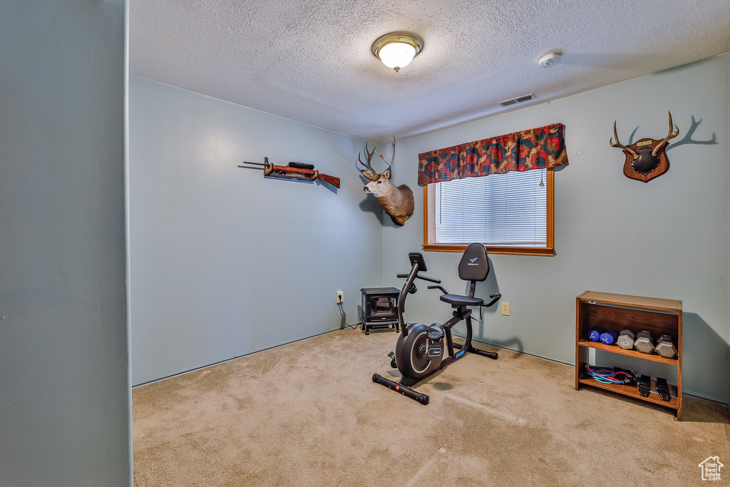 Workout room with light colored carpet and a textured ceiling