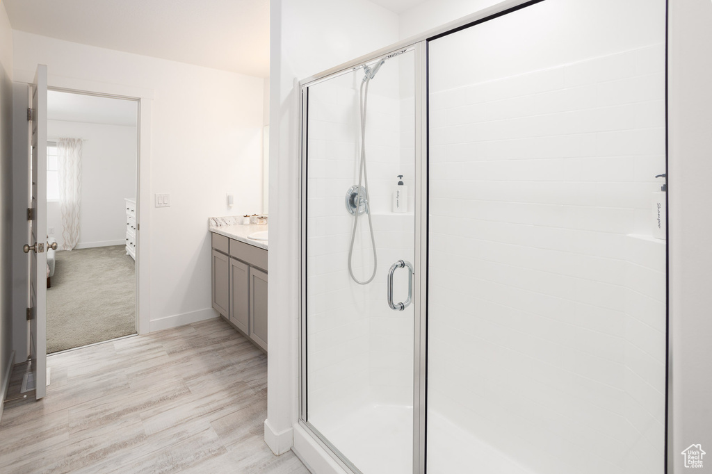 Bathroom with wood-type flooring, vanity, and a shower with shower door