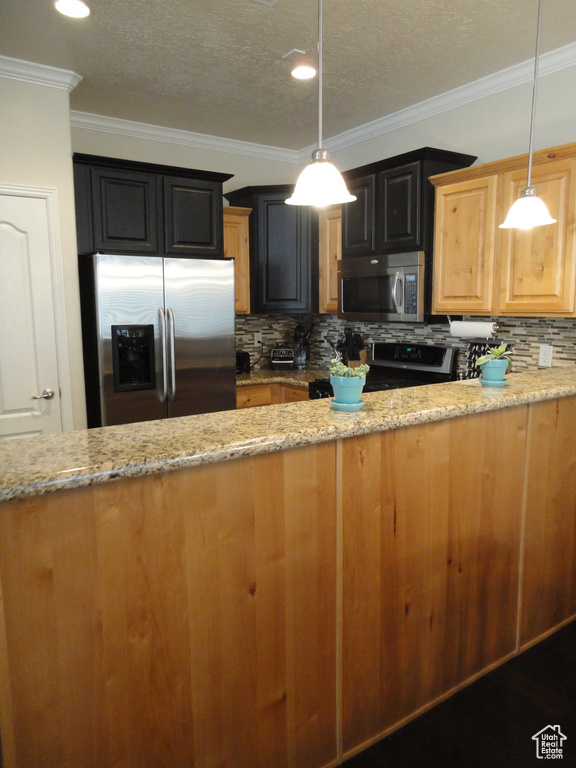 Kitchen with hanging light fixtures, tasteful backsplash, stainless steel appliances, and light stone countertops