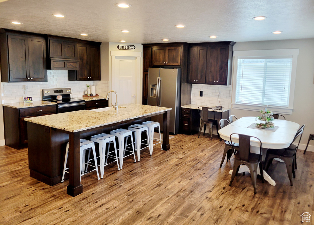 Kitchen featuring backsplash, stainless steel appliances, sink, light hardwood / wood-style floors, and an island with sink