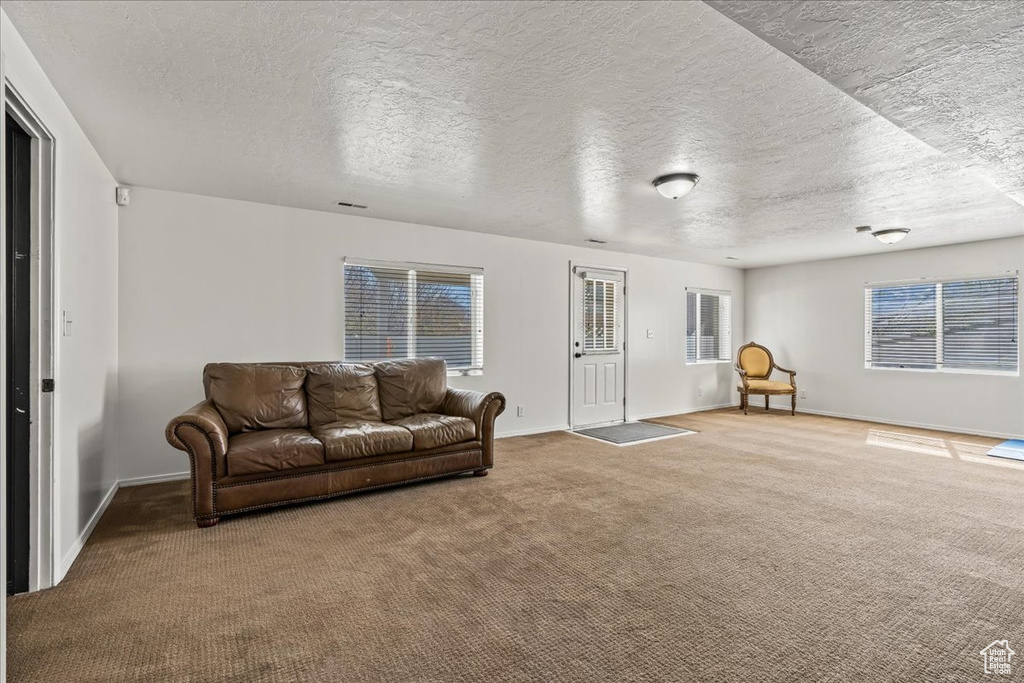 Living room with light carpet and a textured ceiling
