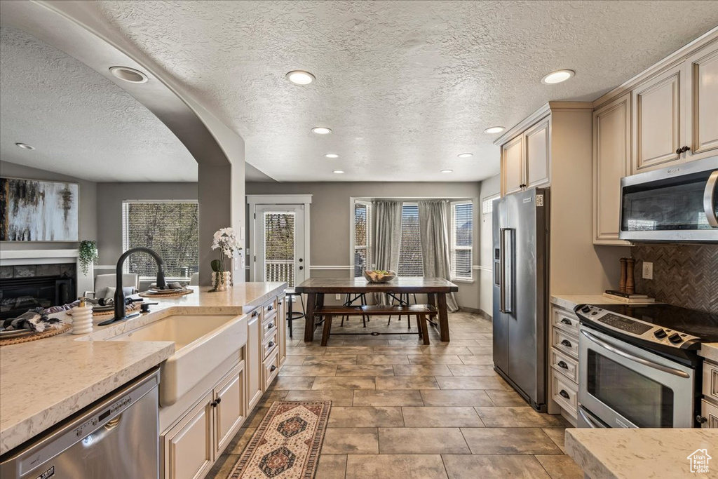 Kitchen with appliances with stainless steel finishes, plenty of natural light, sink, and a textured ceiling