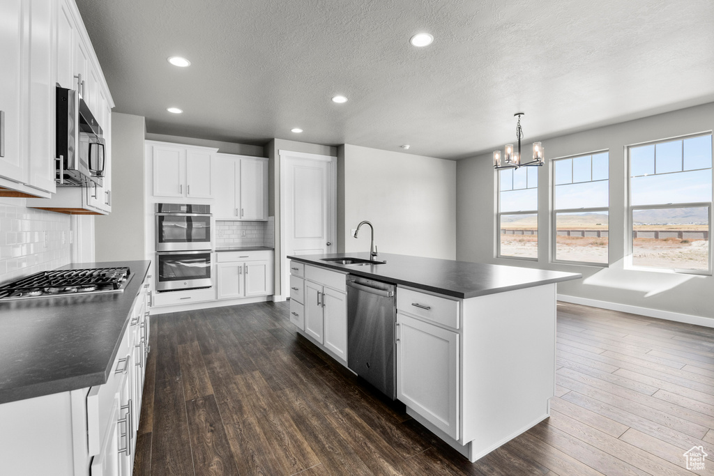 Kitchen with backsplash, stainless steel appliances, and dark wood-type flooring