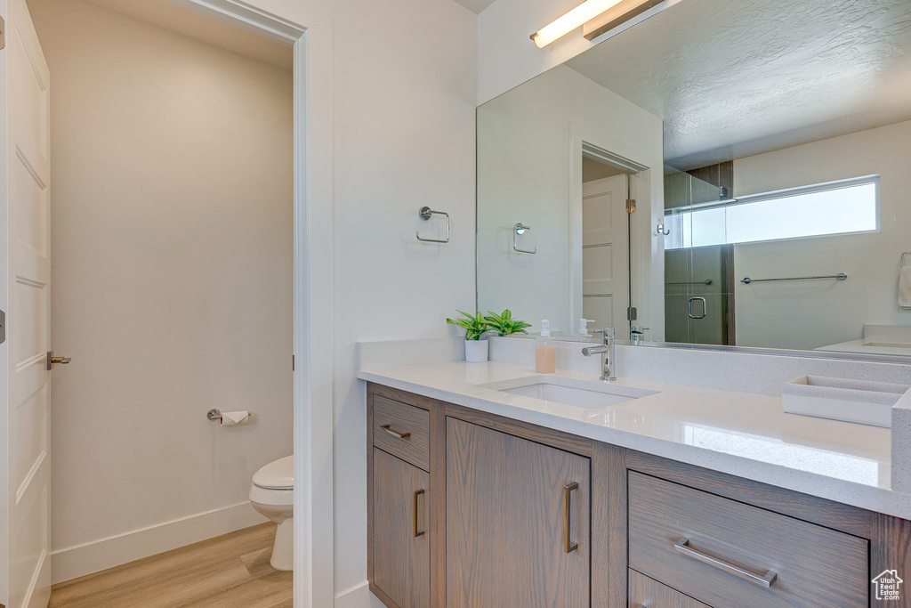 Bathroom with a shower with shower door, toilet, oversized vanity, and hardwood / wood-style floors
