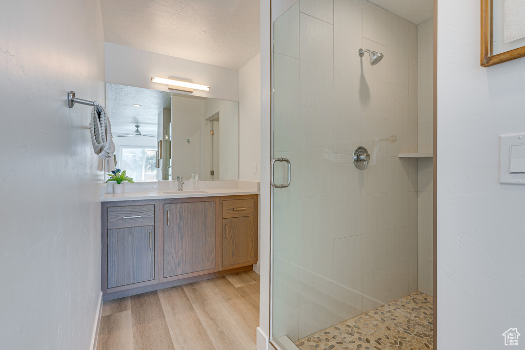 Bathroom featuring wood-type flooring, vanity with extensive cabinet space, and an enclosed shower
