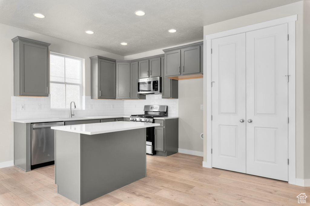 Kitchen featuring gray cabinetry, stainless steel appliances, a center island, and light wood-type flooring
